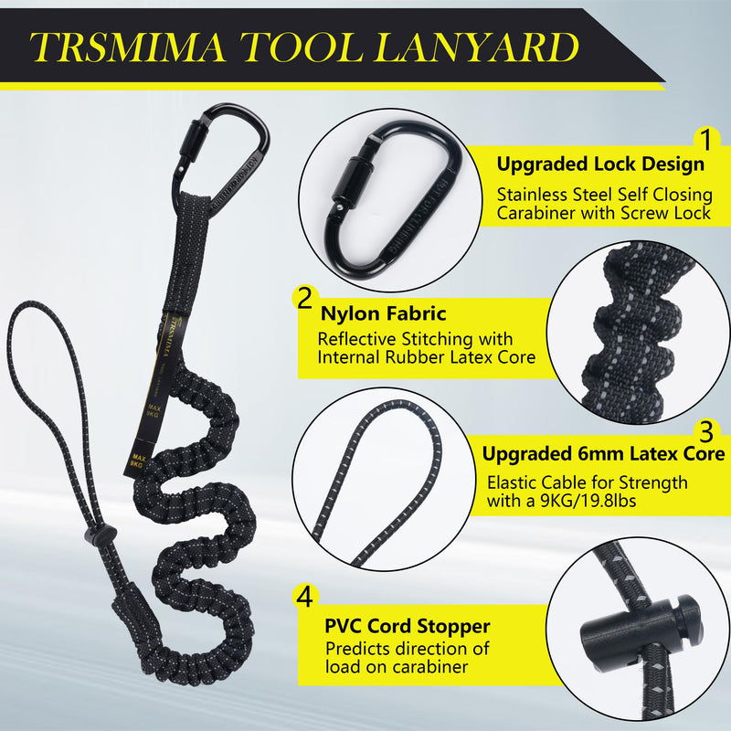 TRSMIMA Safety Tether Tool Lanyard - 5 Pack Stretch Strap Safety Fall Protection Tools Leash with Screw Lock Carabiner Clip Mountaineering Safety Compliance for Scaffold Erectors 5-pack
