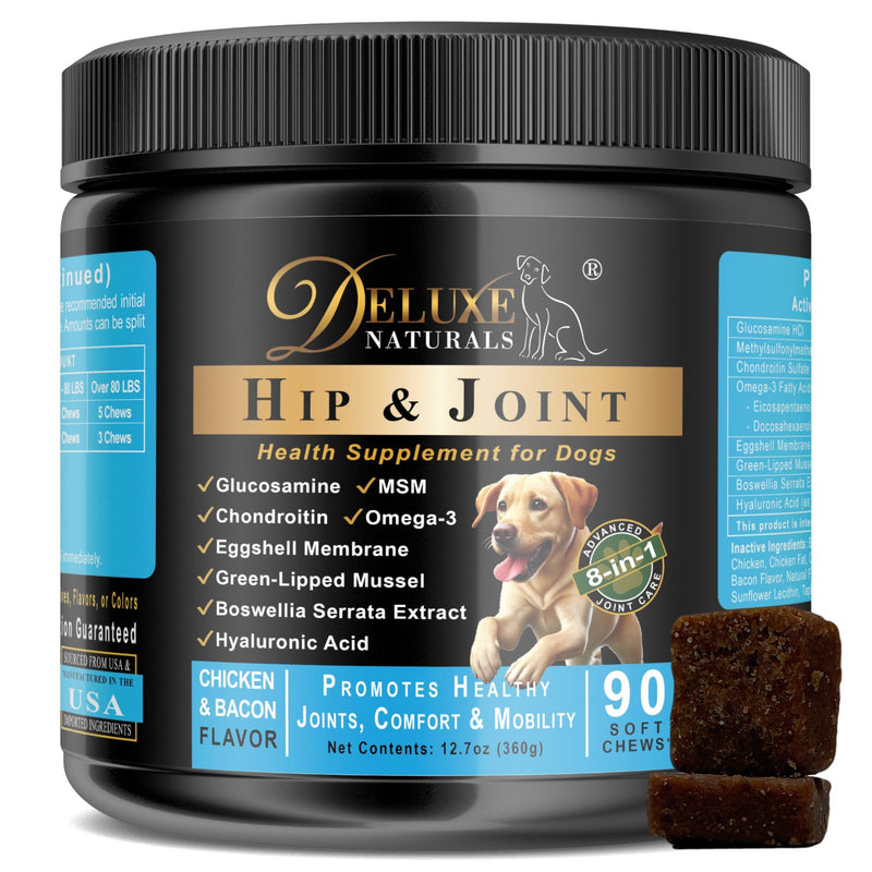Hip and Joint Soft Chews for Dogs – 90 Count – Glucosamine, MSM, Chondroitin, Omega-3, Green-Lipped Mussel – Promotes Mobility, Comfort, and Joint Health – Chicken & Bacon Flavor