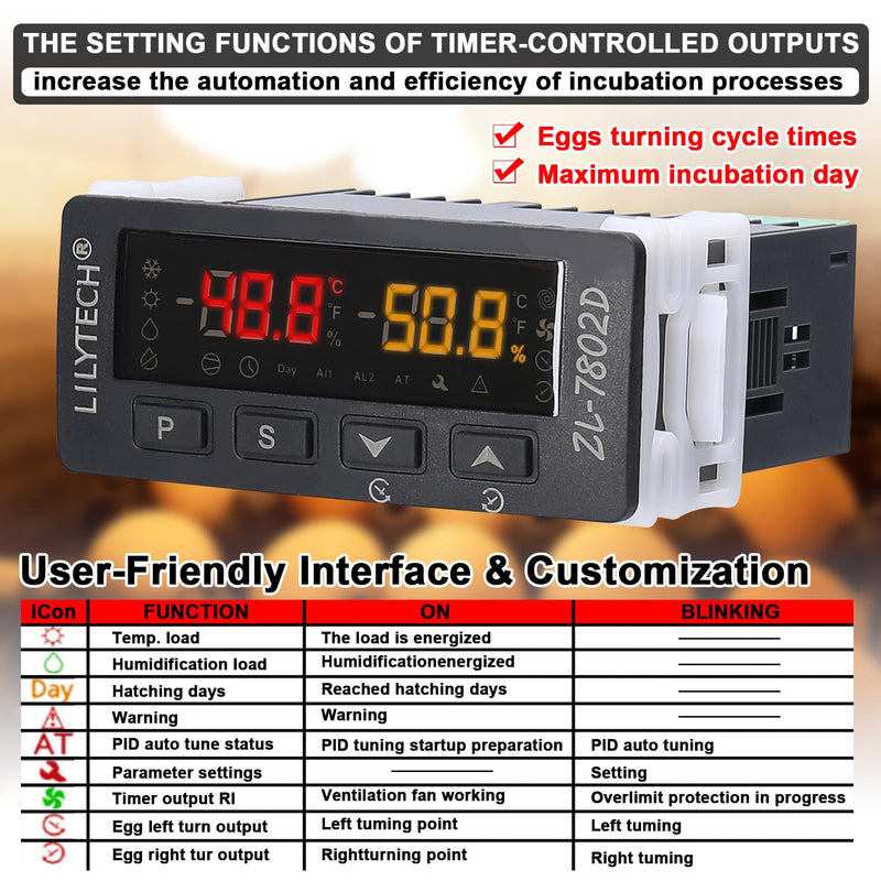 ZL-7802D Automatic Incubator,Digital Temperature Controller,Egg Incubator Controller Thermostat Hygrostat for Eggs Turning and PID Control