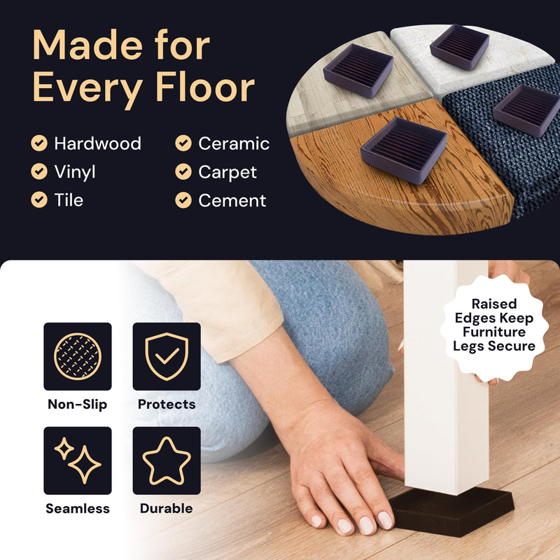 CasterMaster Square Non-Slip Furniture Pads - 3 in x 3 in, Pack of 8, Black - Stoppers to Prevent Sliding - Floor Protectors for Furniture - Noise Reduction & Caster Cups for Vinyl Floors 3'' x 3'' (Pack of 8)
