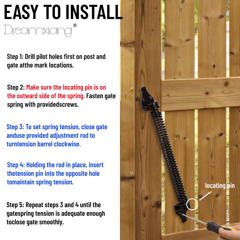14" Gate Spring Self Closing Heavy Duty Outdoor Door Spring Automatic Fence Gate Closure Hardware Spring Loaded Gate Latch with Adjustable Tool for Wooden and Vinyl Fence, Black (2 Pack) 2 14 Inch