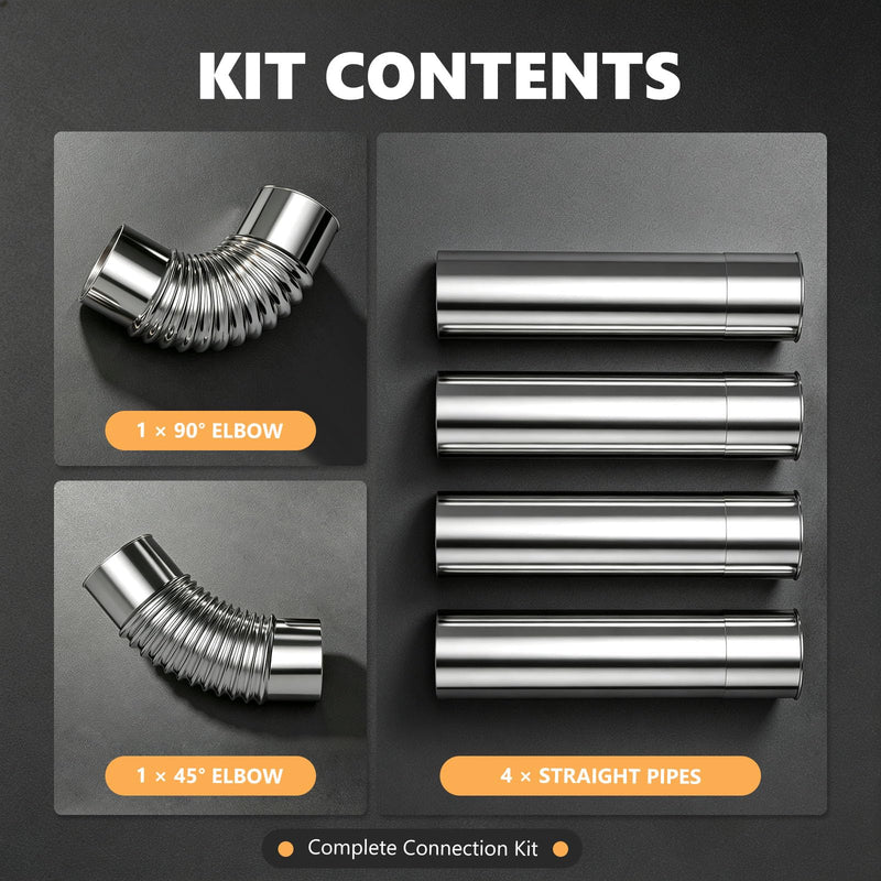 2.36" Camping Stove Chimney Pipe Kit, 6Pcs Tent Stove Exhaust 4 Pipes + 45°&90°
