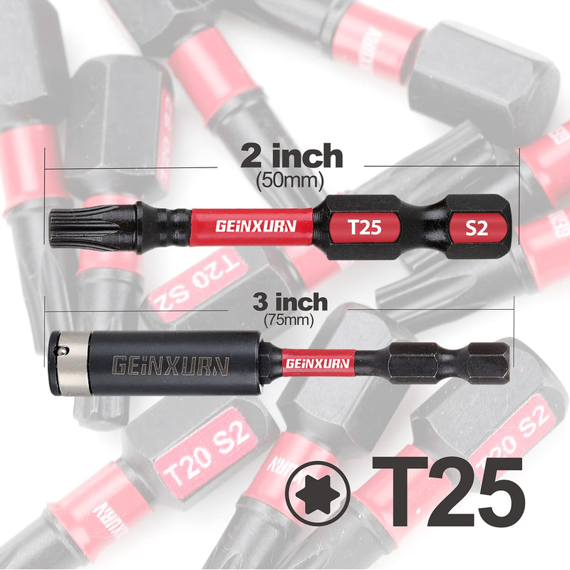 50 Pieces T25 2 In. Impact Tough Magnetic #25 Torx Head Power Bits, S2 Alloy Steel T25 Screwdriver Bits Set with 1Pcs Impact Bit Holder 2INCH-T25-51PC