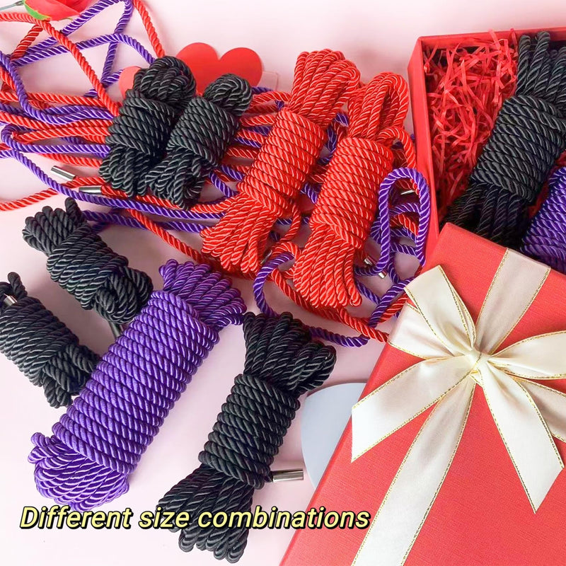 Silk Rope, Skin Friendly Soft Rope Durable, 32 Feet 8 mm Multipurpose Long Satin Braided Twisted Rope (2x8ft Black+16ft red+32ft Purple) 2x8ft Black+16ft red+32ft Purple