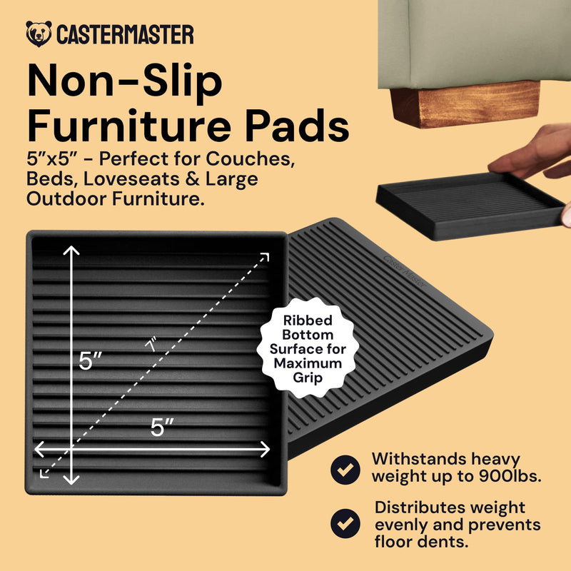 CasterMaster Non-Slip Furniture Pads for Hardwood Floors - 5 in x 5 in Pack of 4 - Black - Heavy-Duty Rubber Feet & Floor Protectors for Furniture - Noise-Dampening Anti-Skid Caster Cups 5'' x 5'' (Pack of 4)