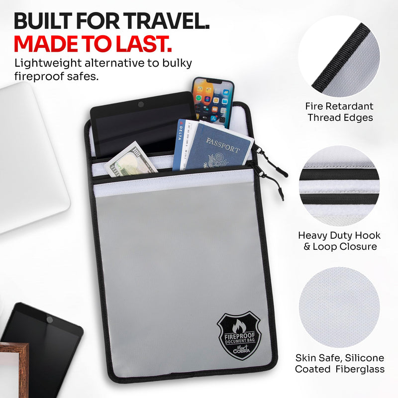 Mart Cobra Fireproof Document Bag with Zipper Fire and Waterproof Document Storage Fireproof Money Bag Cash Fire Proof for Important Home Documents Safe Accessories Paper Holder Pouch Envelope Travel 6400°F Protection