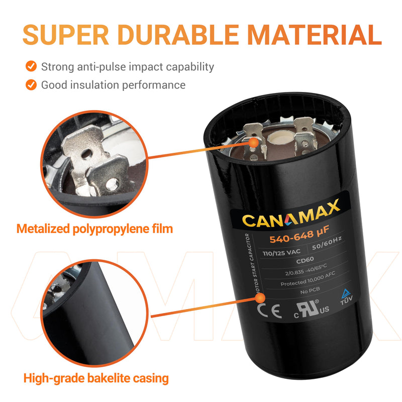 Canamax Premium 540-648 uf/MFD 110-125 VAC Volt Run Round Start Capacitor - Exact Fit for OEM Single Phase Motor Capacitors Condenser Straight Cool or Heat Pump Air Conditioner 110-125VAC