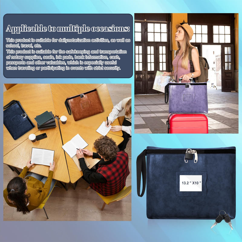 Blue Leather Notary Bag with Lock - 13.2 * 10 Inches, Cash Bag with Zipper and 2 Keys for Document and Passport Storage Blue