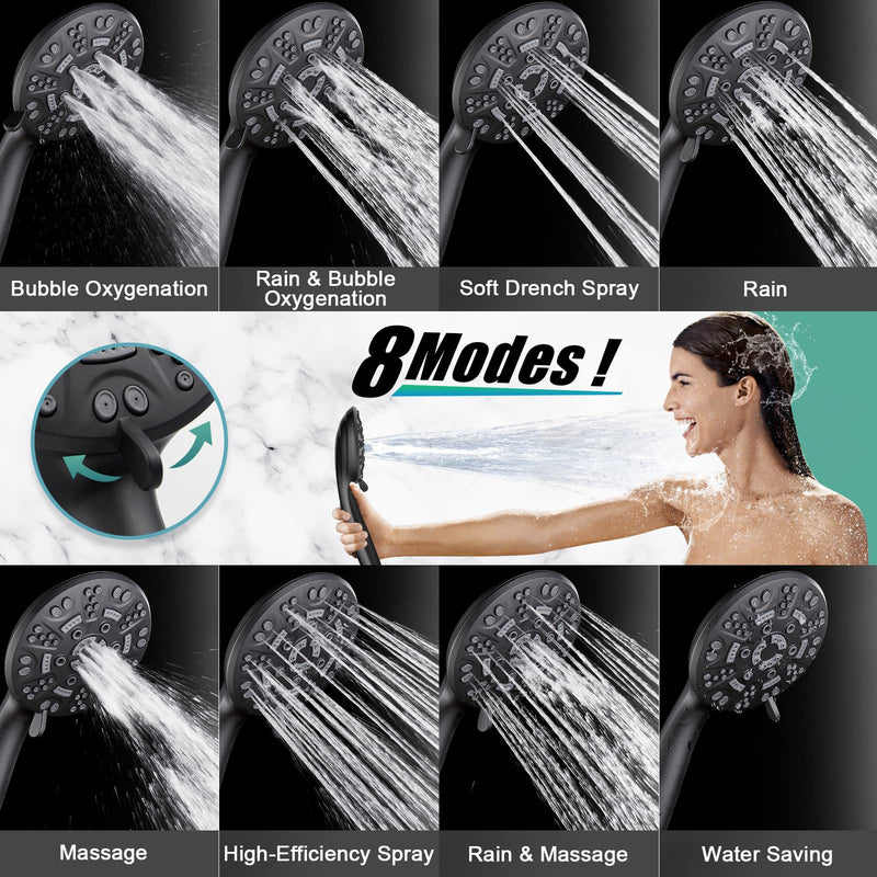 Cobbe 8 Functions Shower Head with handheld, High Pressure Shower Head Set with Hose Adjustable Bracket Rubber Washers (Matte Black) 8 Spray-Settings 1. Matte Black