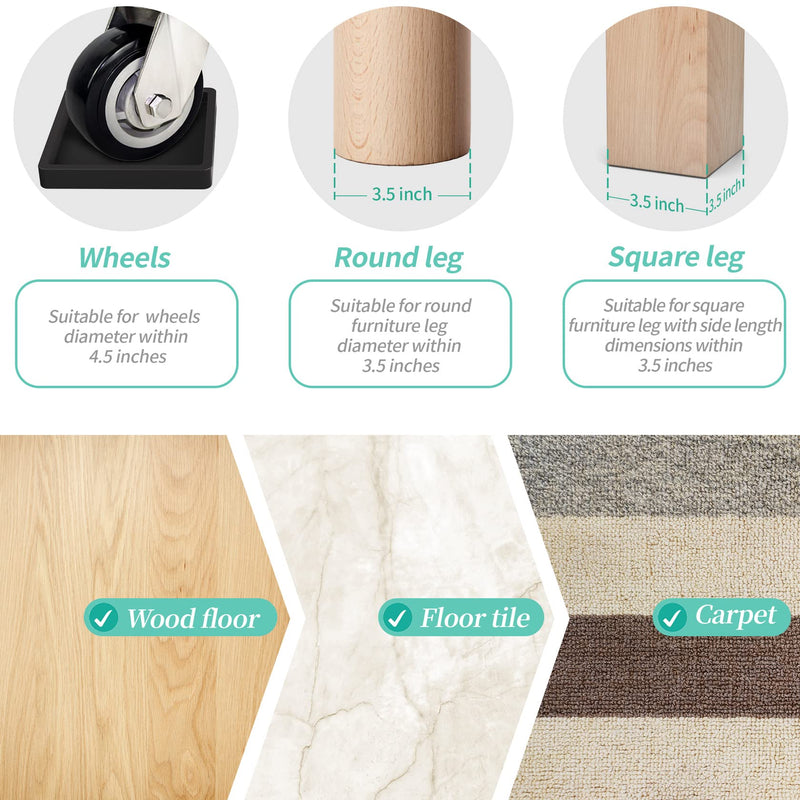 Rubber Furniture Cups Pads Non Slip 8 Pcs 3.5''Square Furniture Coasters Couch Bed Leg Protectors for Hardwood Floors 8Pcs Black 3.5x3.5