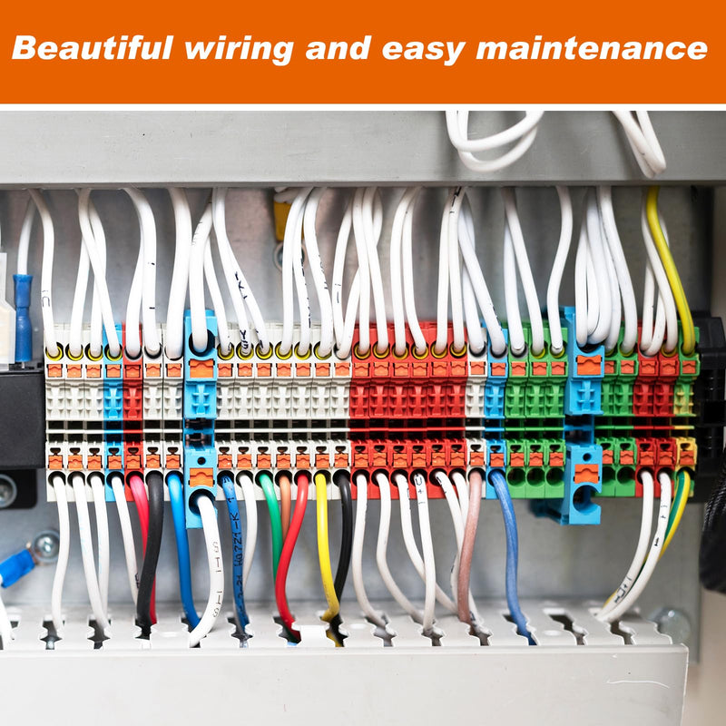 DIN Rail Terminal Block Twin Spring Terminal Connectors Push in Type PT Screwless Wire Wiring Connector with 10 Covers 10 End Stops 6 Jumpers (ST2-2.5/2x2,56 Pcs) 56 ST2-2.5/2x2