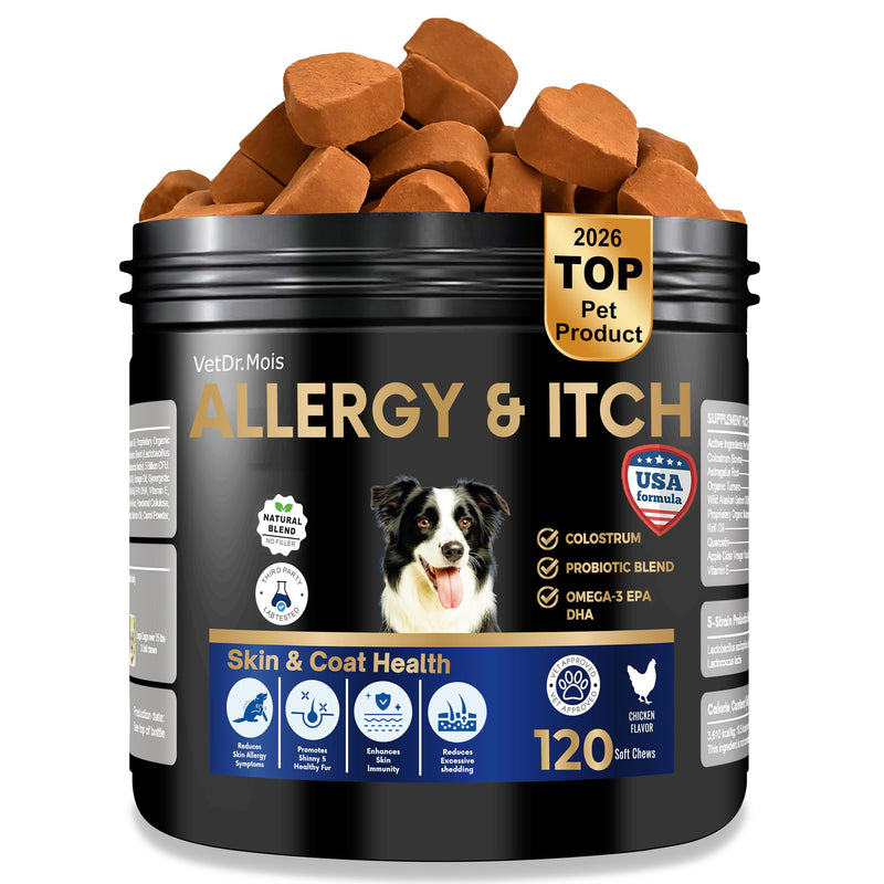 Dog Cat Allergy Itch Relief Chews-Support Paw Licking Treatment, Itchy Skin, Hot Spot & Dry Skin, Skin and Coat Seasonal Allergies, Yeast Balance with Fish Oil, Colostrum, Vitamins & Probiotics-120 Ct
