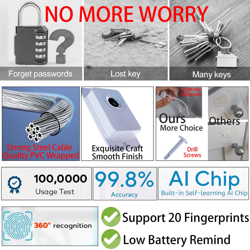 Fingerprint Refrigerator Cable Lock Childproof for Filing Cabinet Door Drawer Freezer, 90 Degree Window Locks French Fridge Latch RV Furniture Anchors Anti Tip, Adhesive/Drill, w/USB Key