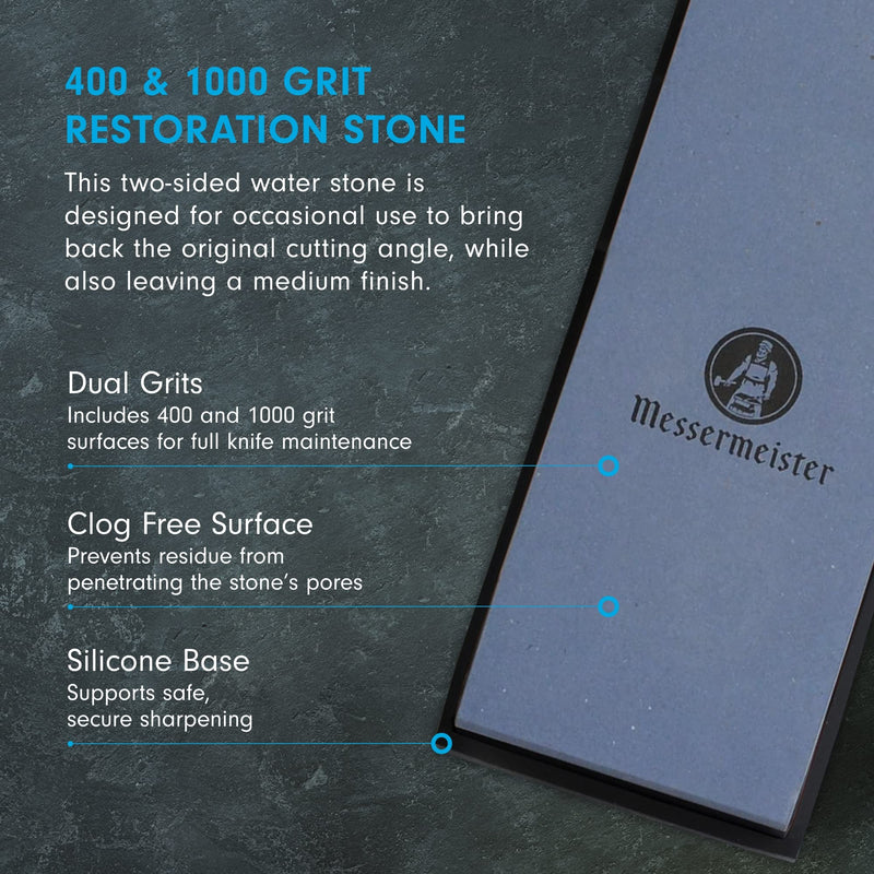 Messermeister Two-Sided Restoration Stone - Sharpens & Polishes Knives - 400 & 1000 Grit - Clog-Free Surface & Silicone Base for Secure Sharpening