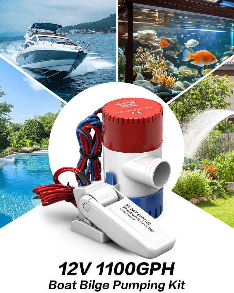1100 GPH Boat Bilge Pump 12V with Automatic Boat Pump Float Switch Marine Bilge Water Pump High-Flow Fully Bilge Pumps for Boats, Yachts 1100gph Bilge Pump With Float Switch