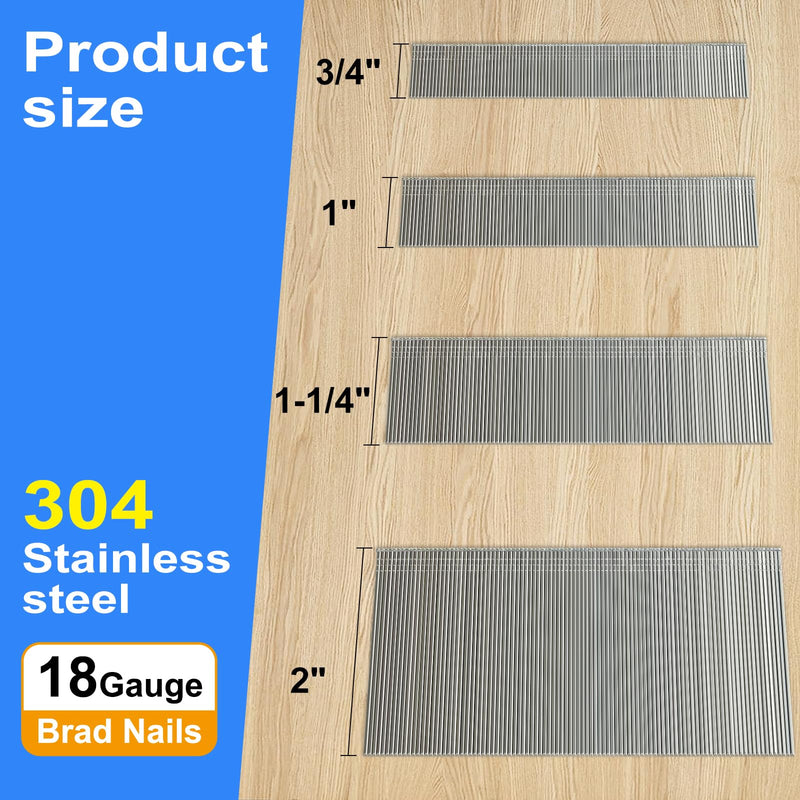 18 Gauge 304 Stainless Steel Brad Nails (2",1-1/4" 1", 3/4"), Assorted 1200 Counts for 18 GA Pneumatic or Electric Brad Nailer or Brad Nail gun,Project Pack