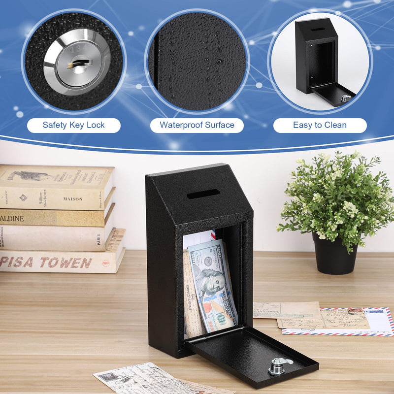 KYODOLED Money Drop Box with Lock & Slot, Metal Cash Collection & Suggestion Box for Farmstand Sales, Office or Home Wall Mount Use, 10.24x5.7x2.95 Inch, Black Textured Black Compact