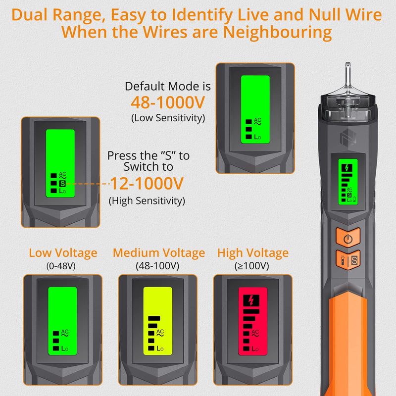 Neoteck Voltage Tester/Non Contact Voltage Tester 12-1000V/48-1000V Adjustable Sensitivity AC Voltage Detector Tester Pen Live/Null Wire Tester with LCD Display Buzzer Alarm Wire Breakpoint Finder