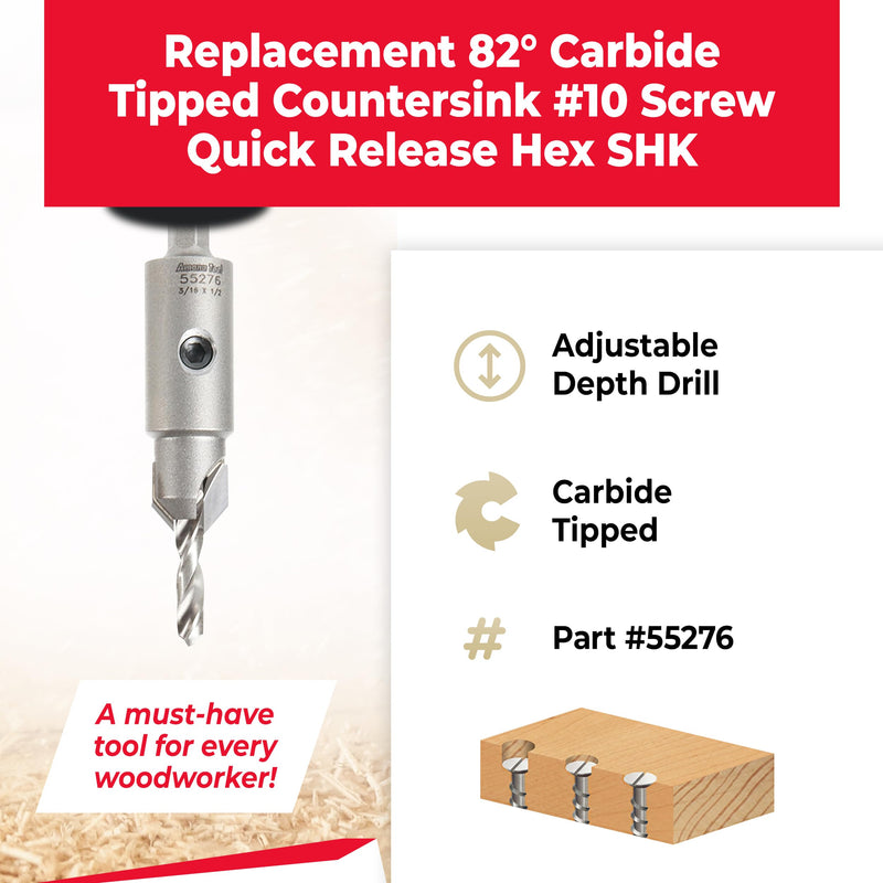 Amana Tool Carbide Tipped 82 Degree Countersink Drill Bit, 55276, 1/2 Dia x 3/16 Drill D x 1/4 Inch Quick Release Hex Shank for Tool 55242