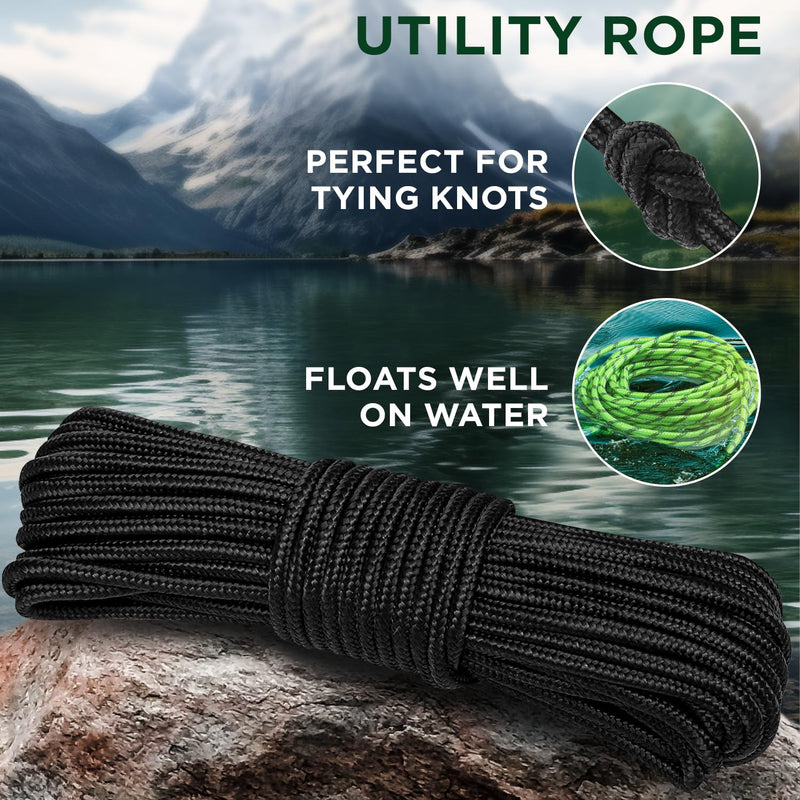 TECEUM Rope – 1/4” & 3/8” – 90 FT | 150 FT – Strong All-Purpose Utility Rope – Camping, Crafting, Flag Pole, Indoor & Outdoor – Polypropylene Nylon Poly Lightweight Diamond Braided Cord – Black 1/4" - 90 FT (27.5M)