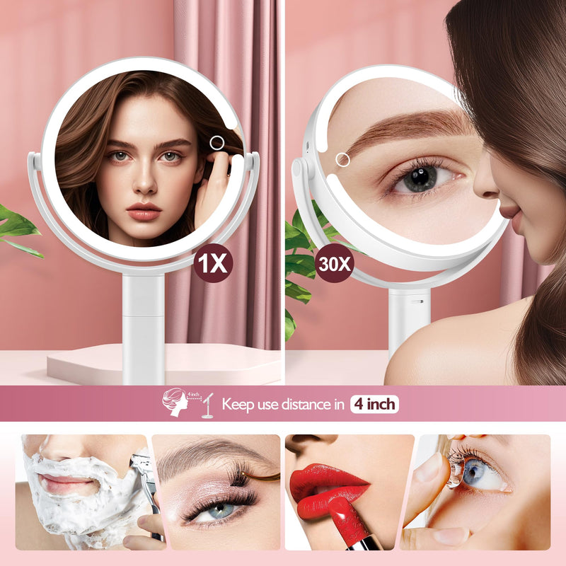 Makeup Mirror with Lights, 30X Magnifying & Height Adjustable, Lighted Magnifying Mirror with 3 Light Modes and Stepless Dimming, Vanity Mirrors for Bathroom, Birthday Gift for Women, White Withe