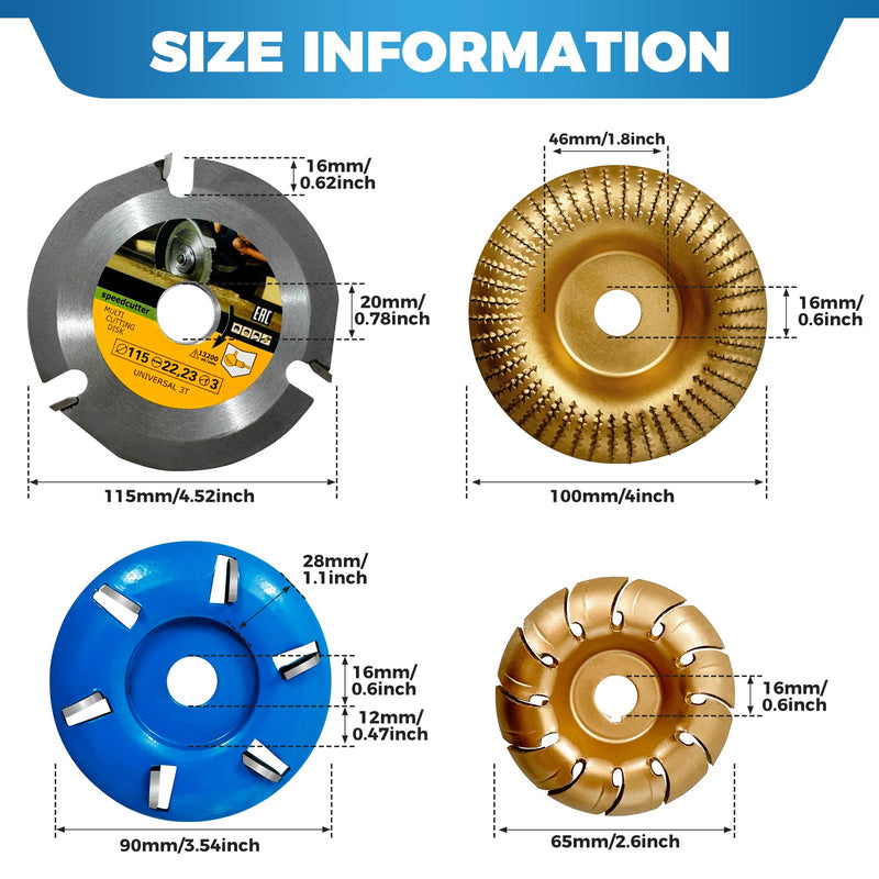 Upgraded 4 PCS Angle Grinder Wood Carving Disc Set, Angle Grinder Attachments Wood Shaping Disc Grinding Wheel Wood Cutting Carving for 4 1/2 inch with 5/8 & 7/8 Arbor (4PCS-Multifunction) 4PCS-Multifunction
