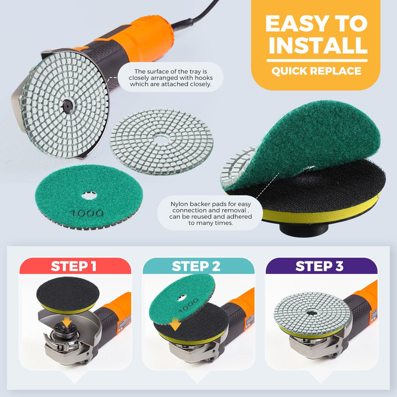 Blosssound 20 Pcs 4 Inch Diamond Polishing Pads with 5/8''-11 Backer Pad and Drill Bit Adapter Wet Dry Polish Pad Kit Granite Polishing Kit 30-10000 Grit Pads for Granite Marble Stone