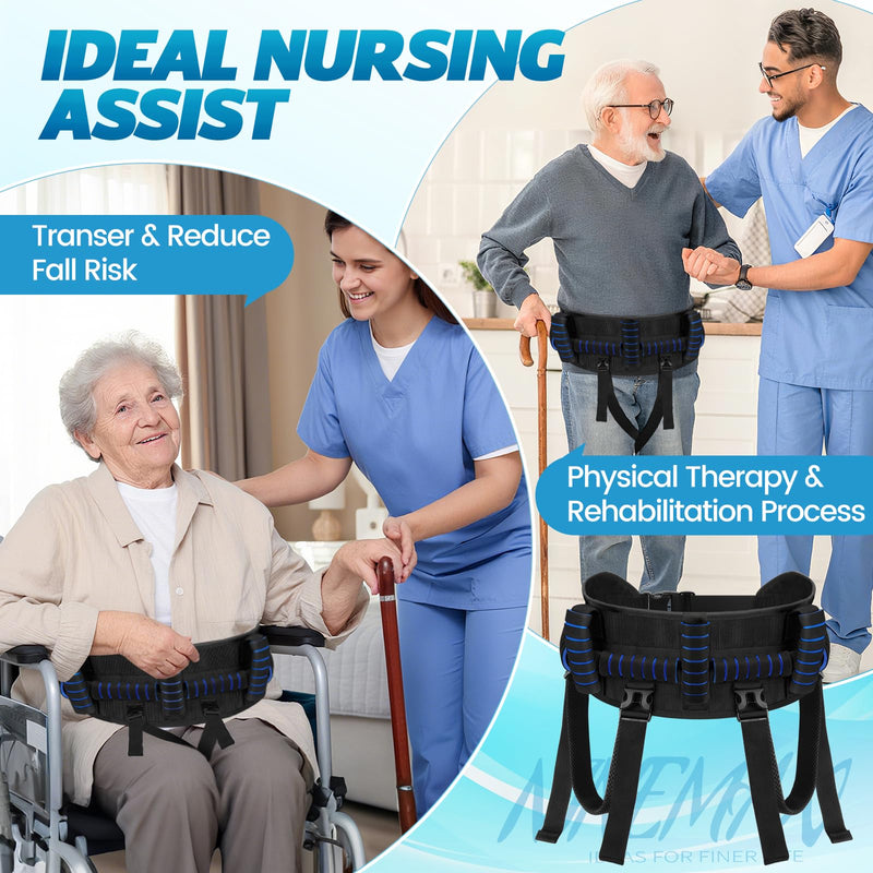 NINEMAX Gait Belt for Seniors, Gait Belt with Handles for Elderly, Medical Nursing Lift Gate Belts for Physical Therapy and Patients Walking Safety with Leg Strap and Quick Release Buckle (Blue)