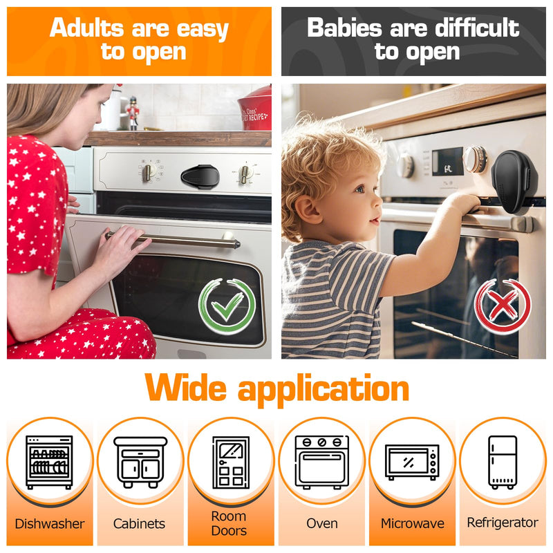 Oven Lock Child Safety (4 Pack), Cabinet Locks Baby Proofing, Baby and Child Proof Locks for Drawer Oven Stove Door, Easy to Install, No Tools Need, Upgrade Heat-Resistant Material - Black