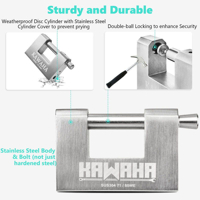 71/80KD-5SK Stainless Steel D-Shaped Heavy Duty Padlock with Key for Garage Door, Containers, Shed and Warehouse (3-1/8 inch, Keyed Different - 5 Stainless Steel Keys) 3-1/8 Inch Keyed Different - 5 Keys
