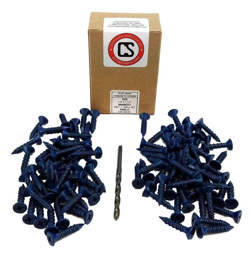 1/4 x 1-1/4" Flat Head Concrete Screw Anchor. 100 Pieces with Drill Bit (Miami-Dade Compliant) (1/4 x 1-1/4)