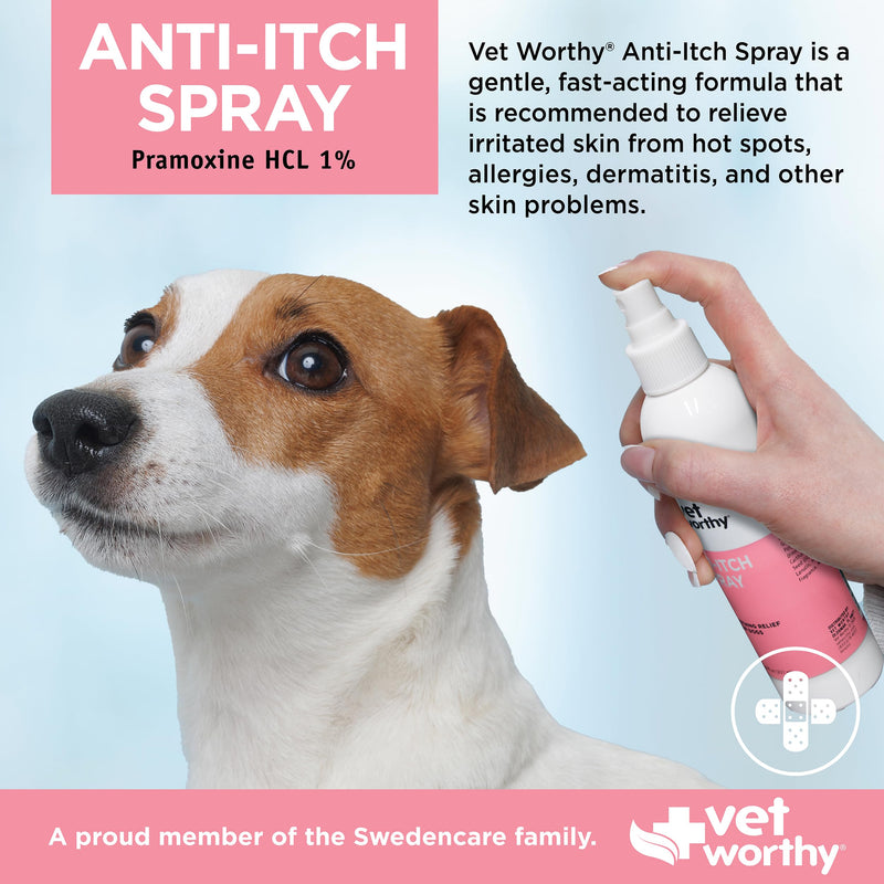Vet Worthy Anti Itch Spray for Dogs - Alcohol-free Pet Allergy Spray for Hot Spots, Dry Skin & Irritated Skin - Fast Acting Itch Relief for Dogs to Help with Flaking and Redness - Vet-Formulated - 8oz