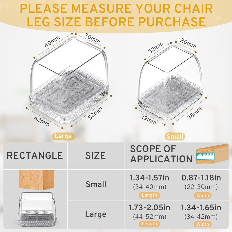 24PCS Rectangular Chair Leg Floor Protectors, Furniture Sliders, Non-Slip Felt Furniture Pads for Hardwood Floors, Silicone Cap Covers to Protect Floors,(Fit L :1.34-1.57", W: 0.87-1.18") Rectangle S-Clear(Fit L: 1.34-1.57", W: 0.87-1.18")