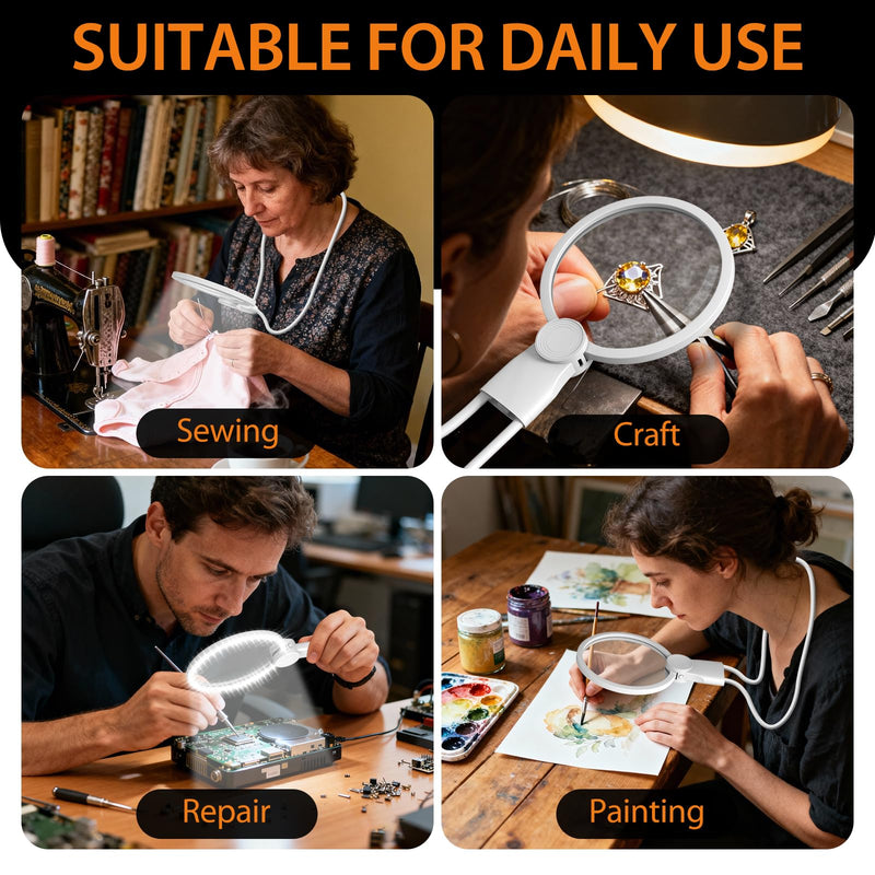 Hands-Free Magnifying Glass with Light, 5X Neck Magnifier for Close Work, Reading Small Print, Cross Stitch, Sewing & Crafts, Rechargeable Lighted Magnifier, Vision Aid for Seniors & Low Vision