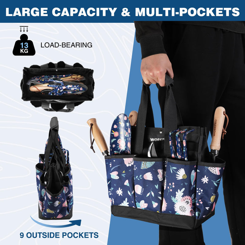WORKPRO Garden Tool Bag, 9 Pockets Garden Tote Bag, Heavy Duty Oxford Garden Tool Storage Bag, Gardening Tool Kit Holder (Tools NOT Included), 12" x 12" x 6" (Blue Insects) Blue Insects