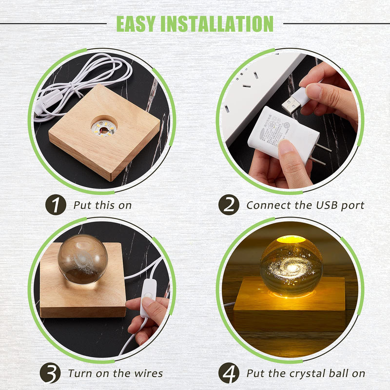 Honoson 2 Pcs LED Base Wood Light Display Base for Crystal Glass Art Resin Light Display Base Stand with 6 LED Wooden Crystal Light Resin Lamp Display Stand for 3D Crystal Laser USB Only(Square, Round) Square, Round