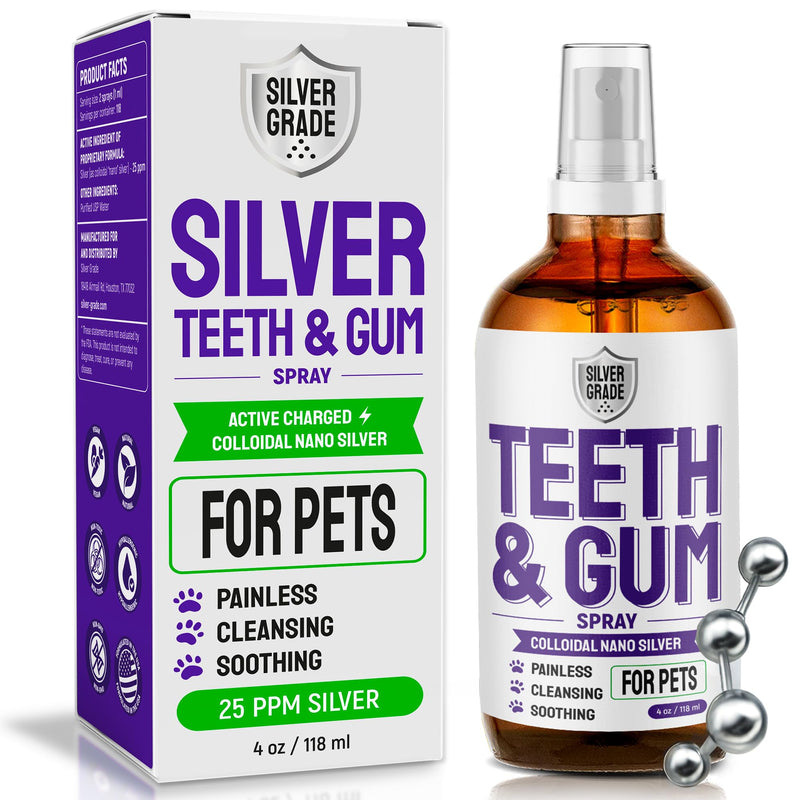 Dog Breath Freshener Teeth & Gum Spray for Pets – Cat Teeth Cleaning Spray Helps with Plaque, Tartar, and Caries – Colloidal (Nano) Silver + Deionized Water – 4 Oz Bottle