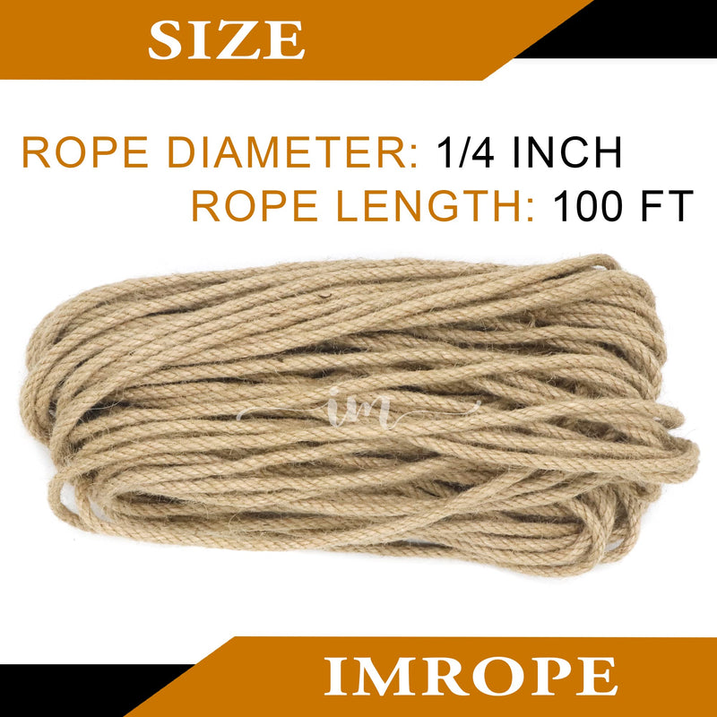 Jute Rope 1/4 Inch 100 ft 6mm Thick Natural Clothesline Garden Twine Rope, 4 Strands Heavy Duty & Strong Decorative String for Crafts, Hanging Plants, Packing & Bundling by IMROPE Natural Jute 1/4 Inch x 100 Ft