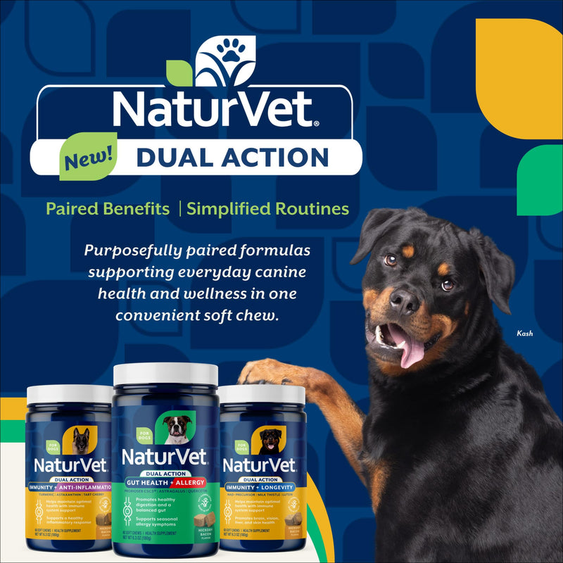 NaturVet Immunity + Longevity Dual Action Supplement for Dogs, Helps Support Immune Response & Cellular Health with NAD+ Precursor, Milk Thistle, Lutein, & Zinc, 60 Hickory Bacon Soft Chews