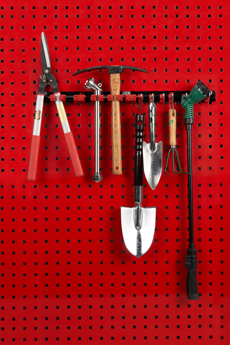 JCK Garage Tool Organizer Wall Mount, 5 Pair Clips and 6 Hooks | Aluminum wall rail with 5 PA66 clip pairs and 6 stainless steel hooks for garden tools, wrenches, garages, and workshops. Multi-Purpose Tool Organizer