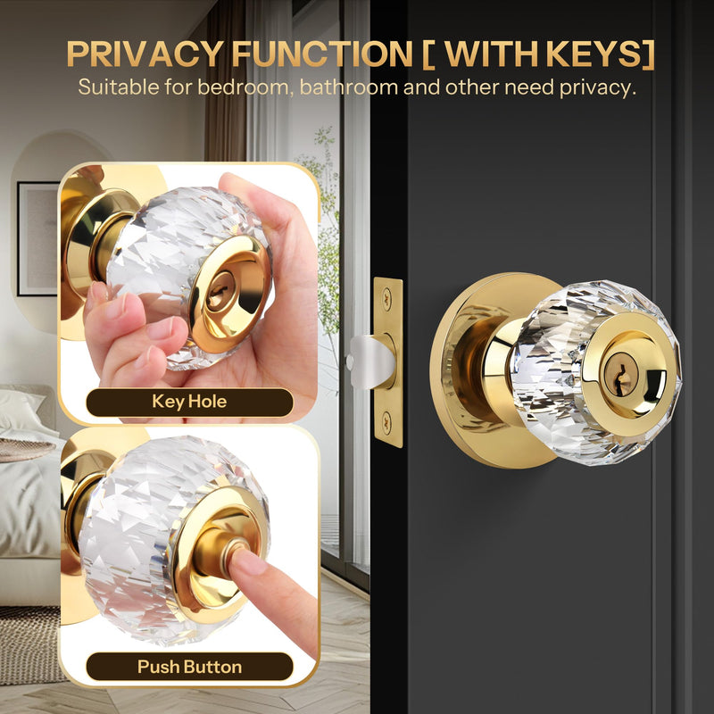 Crystal Door Knobs with Lock and Keys, Interior Crystal Glass Door Knobs with Privacy Lock Diamond Crystal Door Knob for Bedroom Bathroom, Gold 1 Pack Privacy function (with key)