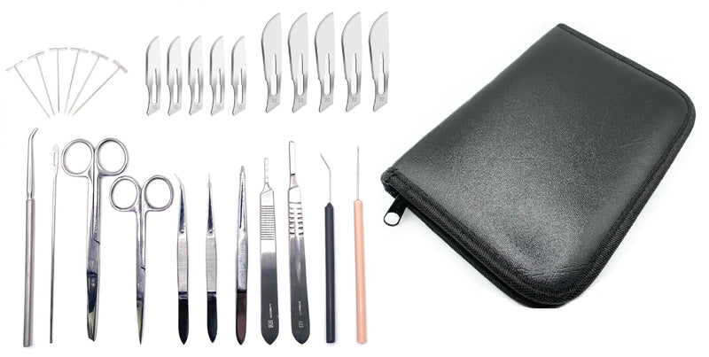 28 Piece Complete Dissection Kit with Dissecting Scissors, Forceps, Scalpels, Teasing Needles, Probes, and Deluxe Leather Case