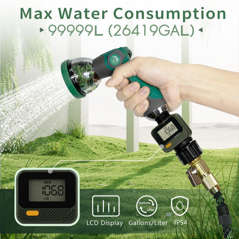 Diivoo Water Flow Meter with 180° Removable Panel, 4 Measure Modes, ±5% High Accuracy and IP54, Measure Gallon/Liter Consumption and Flow Rate for Outdoor Garden Hose Watering, RV Water Tank Filling 1 pack