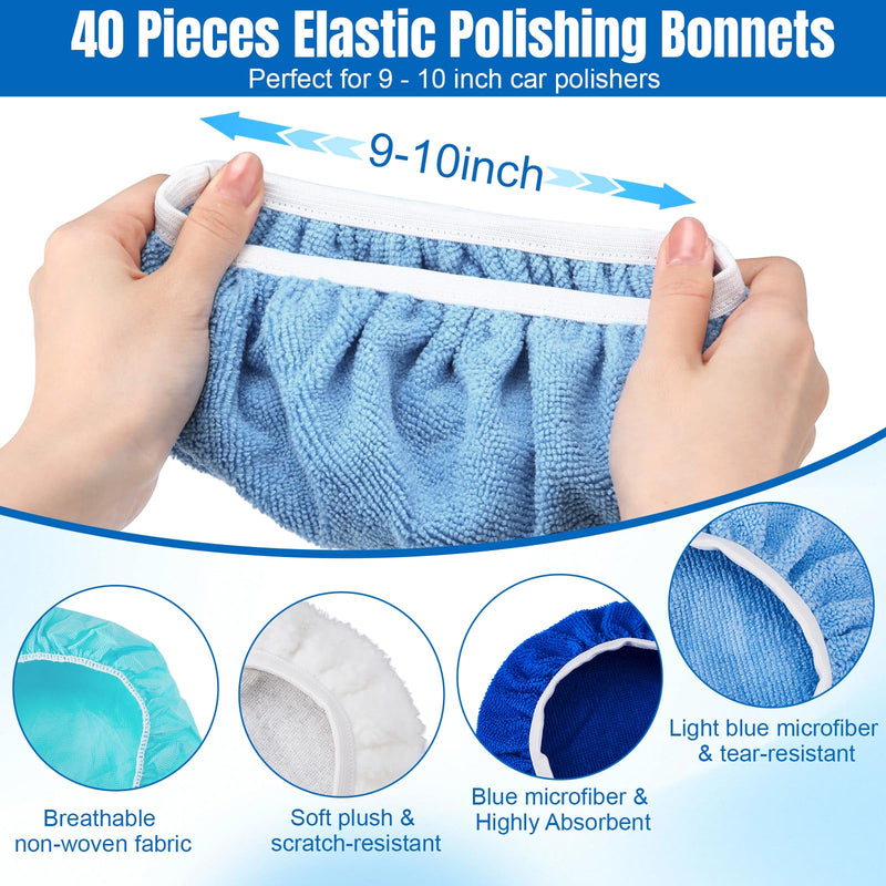 Tallew 40 Pcs Car Orbital Buffer Polisher Pad 9 to 10 Inches Microfiber Polishing Pad Cover Bonnet Set Car Polisher Bonnet Including 20 Microfiber 10 Plush 10 Non Woven