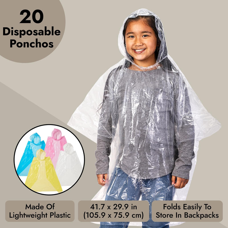 BLUE PANDA 20-Pack Disposable Rain Ponchos for Kids - Emergency Plastic Raincoats with Hood for Boys and Girls (4 Colors, Clear)