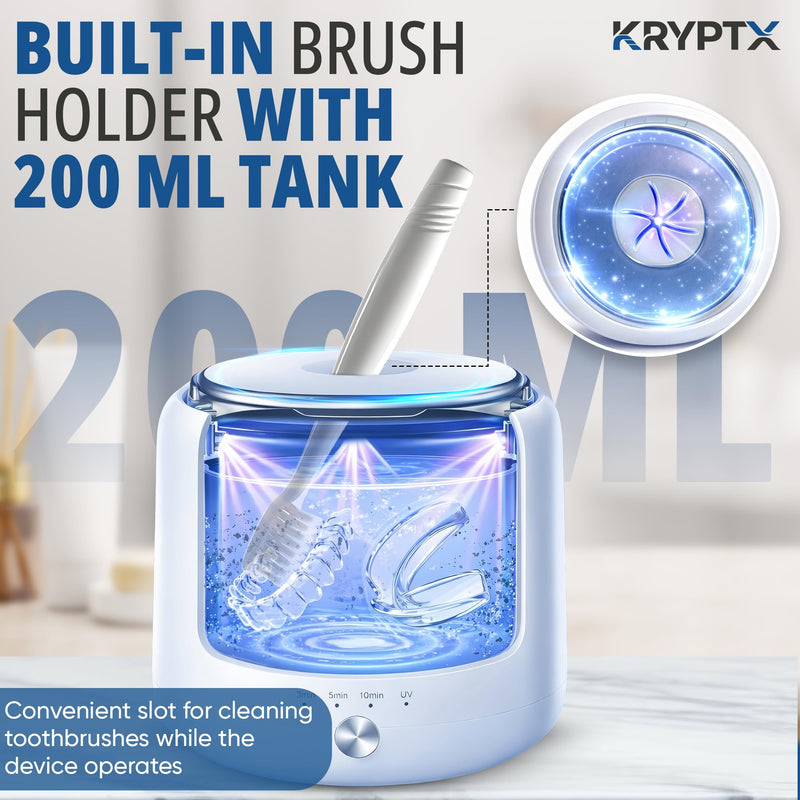 KRYPTX Ultrasonic Retainer Cleaner Machine - 45kHz with 200ML Tank, 4 UV-A+C Lights & 4 Modes - Dental Cleaning Pod Ultrasonic Cleaner for Retainers, Aligners, Mouth Guards, Toothbrush -White | Dedicated Toothbrush Slot, Type-C Charger, Low Noise White