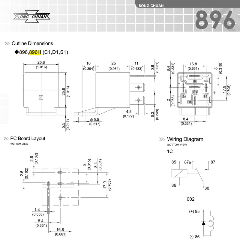 Song Chuan 896H-1CH-D1 Automotive 30/50A Relays, 12VDC, 12V w/Bracket (Pack of 2)