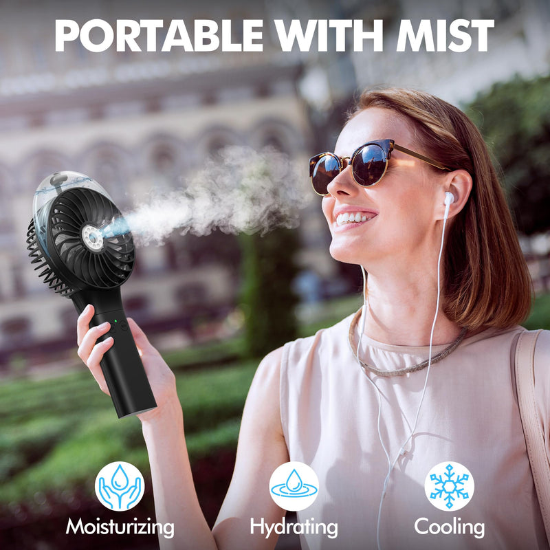 MORECORE Portable Misting Fan, 180° Foldable Handheld Personal Fan with Mist Spray, 3 Adjustable Wind Speeds, USB Rechargeable for Travel Outdoors Makeup Camping Home Office (Black)