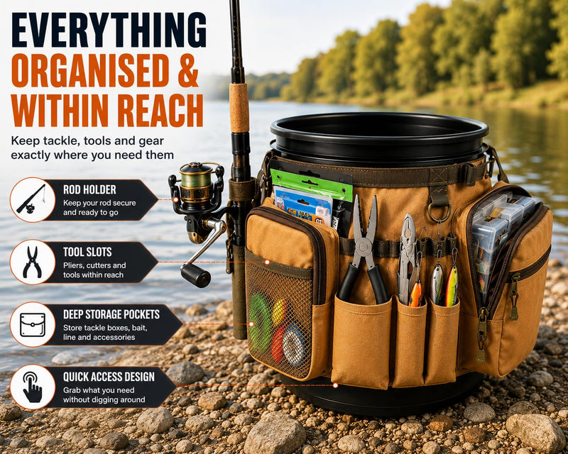 Katai Fishing Bucket Organizer for 5-Gallon Bucket – Heavy-Duty Water-Resistant Tackle Bag with Rod & Pliers Holders – Adjustable Straps & Multi-Pocket Design