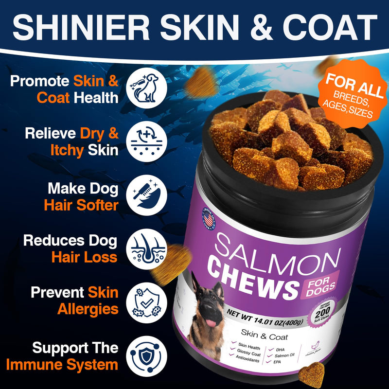 Omega Skin and Coat Chews for Dogs - Skin and Coat Supplement for Dogs Omega 3 & Biotin Chews - 200 Fish Oil Soft Chews - Reduces Shedding - EPA DHA Formula